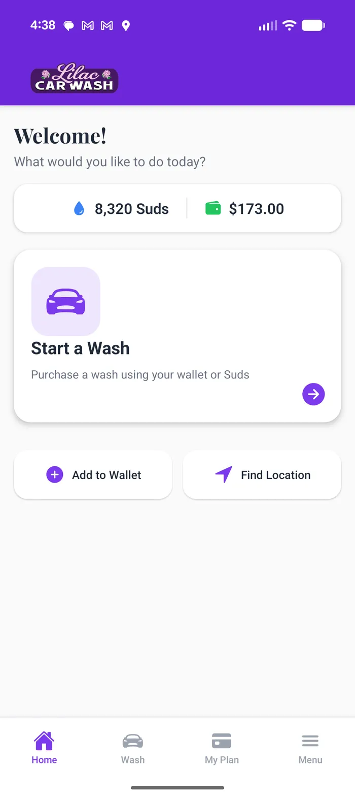 WashPass app home screen showing an 8,320 Suds balance and $173 wallet balance at Lilac Car Wash