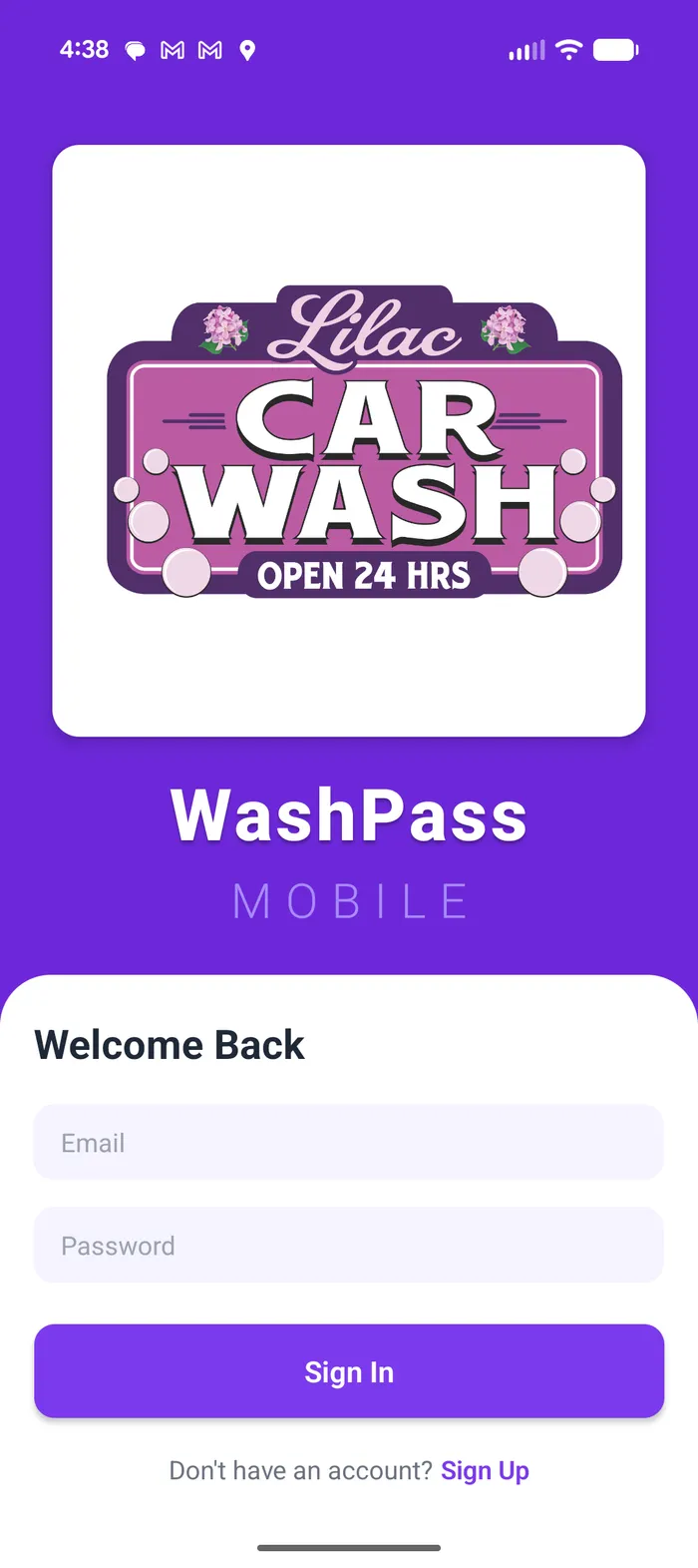 WashPass mobile sign-in screen, themed with Lilac Car Wash's own logo and purple branding