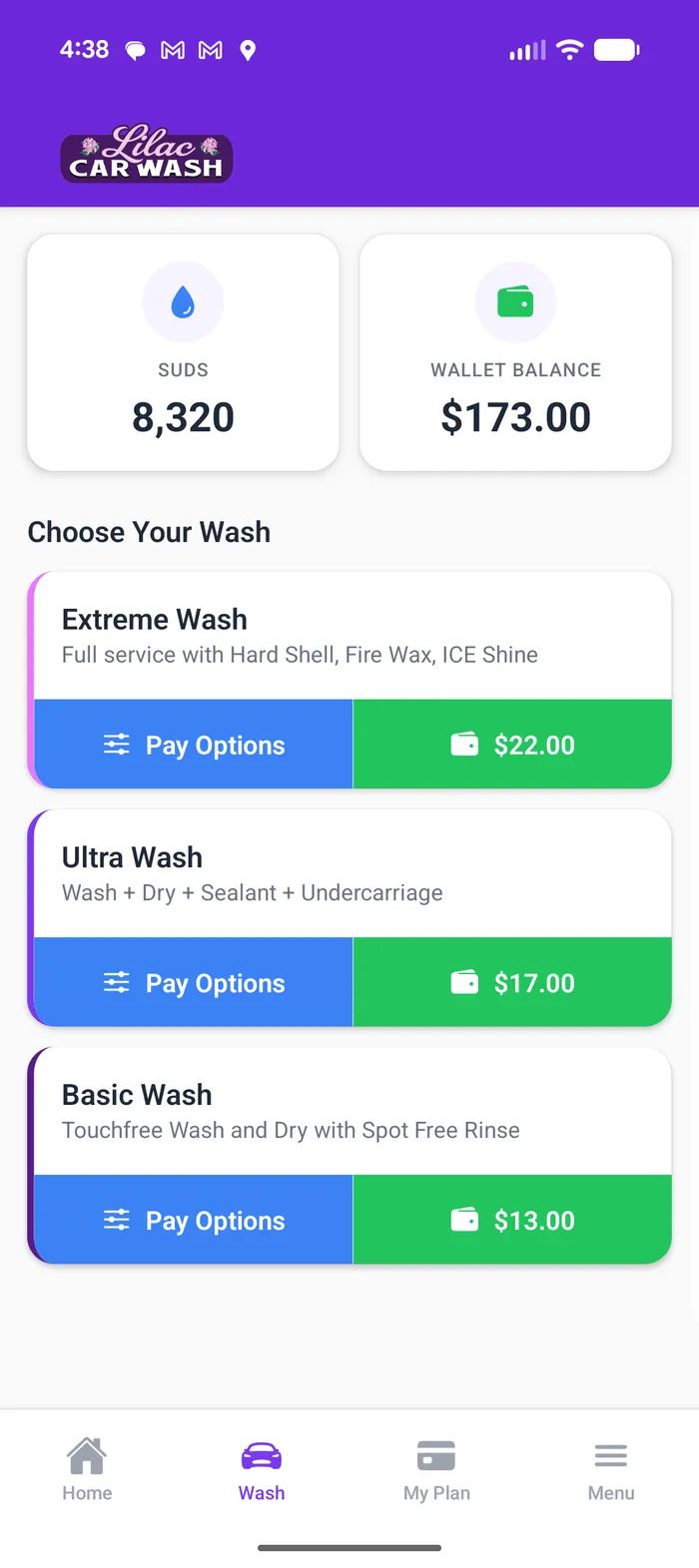 WashPass wash selection screen showing Lilac Car Wash's Basic ($13), Ultra ($17), and Extreme ($22) wash tiers